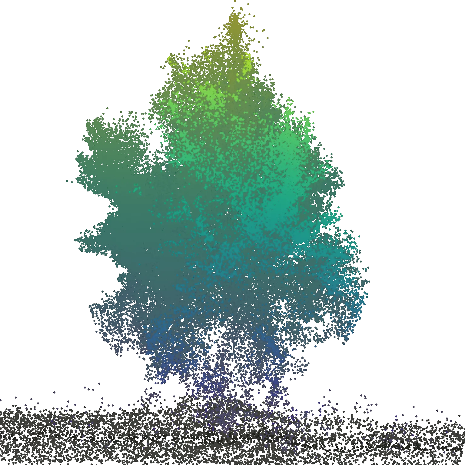 Un árbol aislado en nube de puntos LiDAR, coloreado por altura.